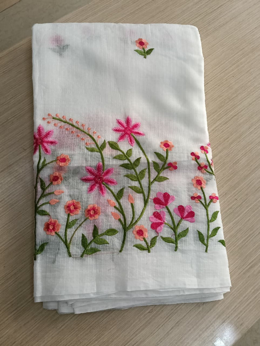 White Kota Saree with pink  floral embriodery