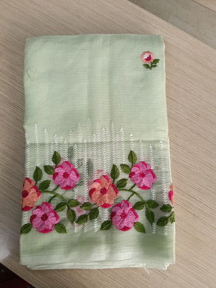 Pastel Green  Kota Saree with  pink and orange floral embriodery