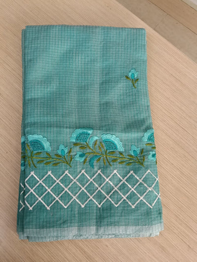 Dark Green  Kota Saree with green floral embroidery