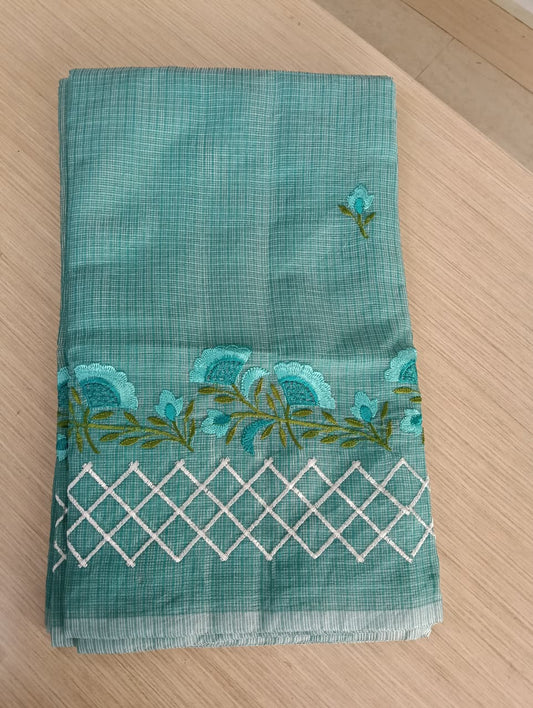 Dark Green  Kota Saree with green floral embroidery