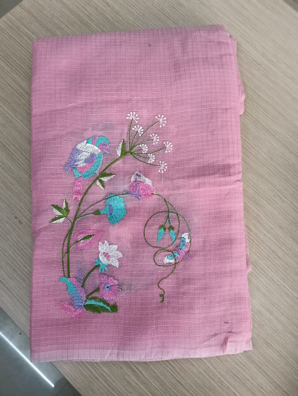 Pastel Pink Kota Saree with bird embriodery