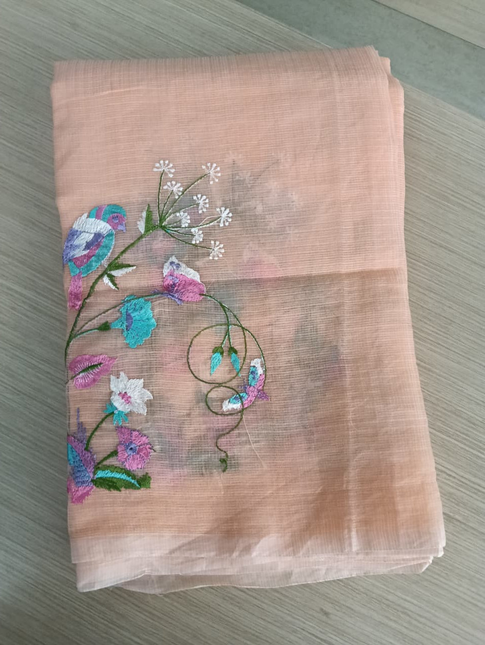 Pastel orange Kota Saree with bird embriodery