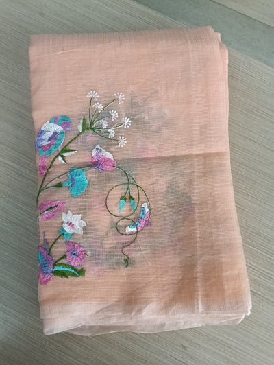 Pastel orange Kota Saree with bird embriodery