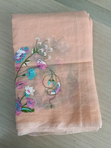 Pastel orange Kota Saree with bird embriodery