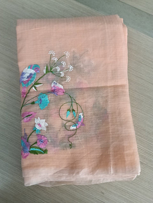 Pastel orange Kota Saree with bird embriodery