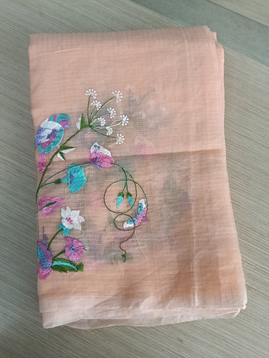 Pastel orange Kota Saree with bird embriodery