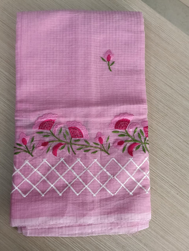 Pink Kota Saree with   pink floral embriodery