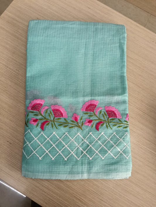 Green Kota Saree with pink floral embroidery