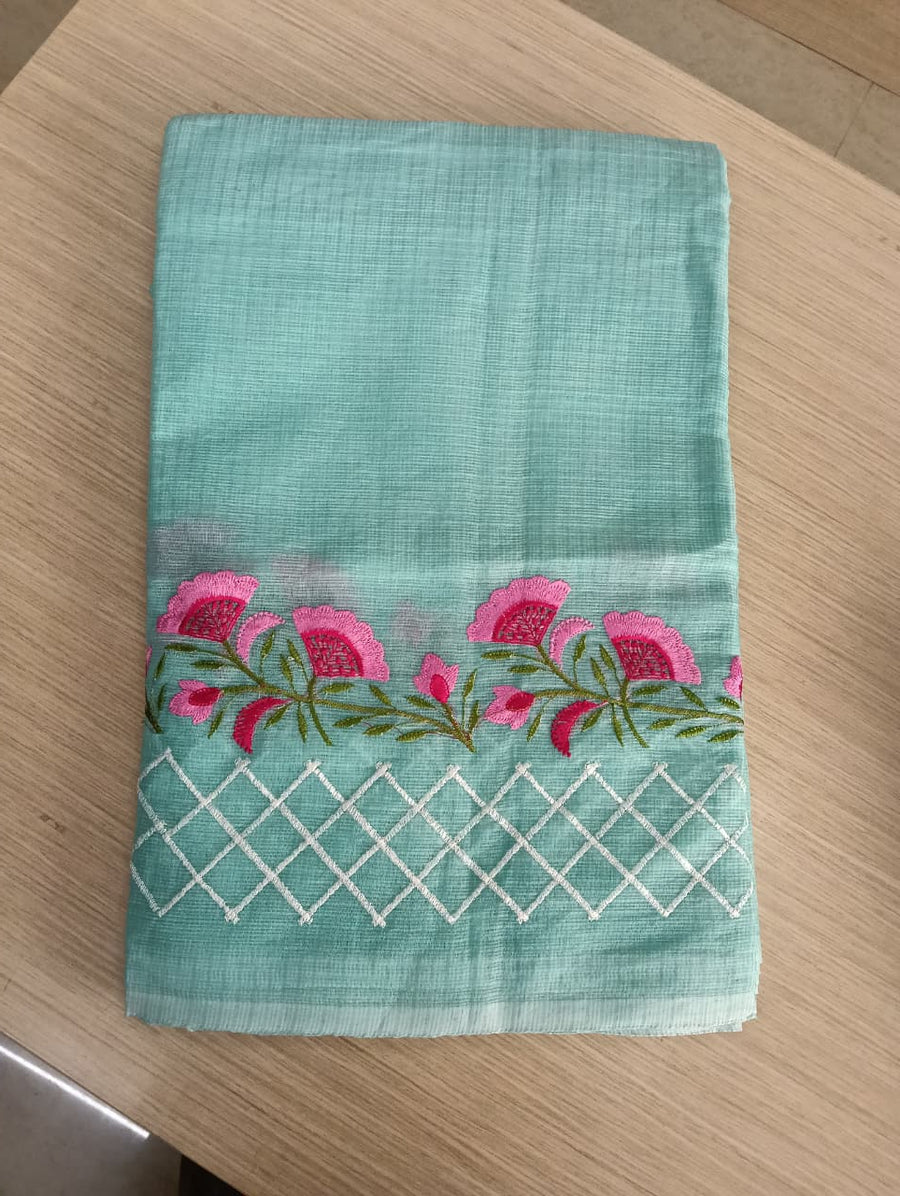 Green Kota Saree with pink floral embroidery