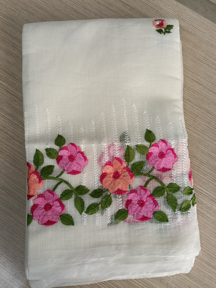 White Kota Saree with pink and orange  floral embriodery
