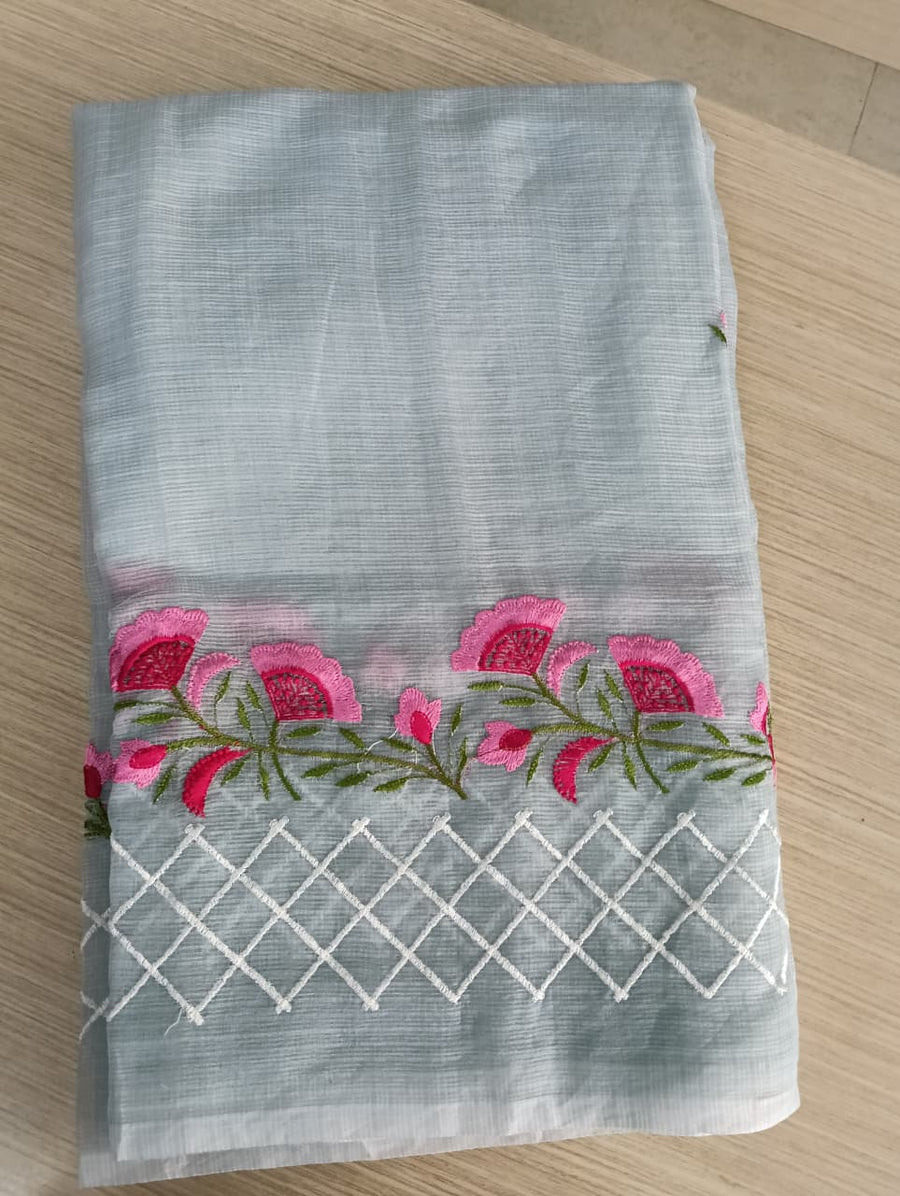 Grey Kota Saree with  pink floral embriodery