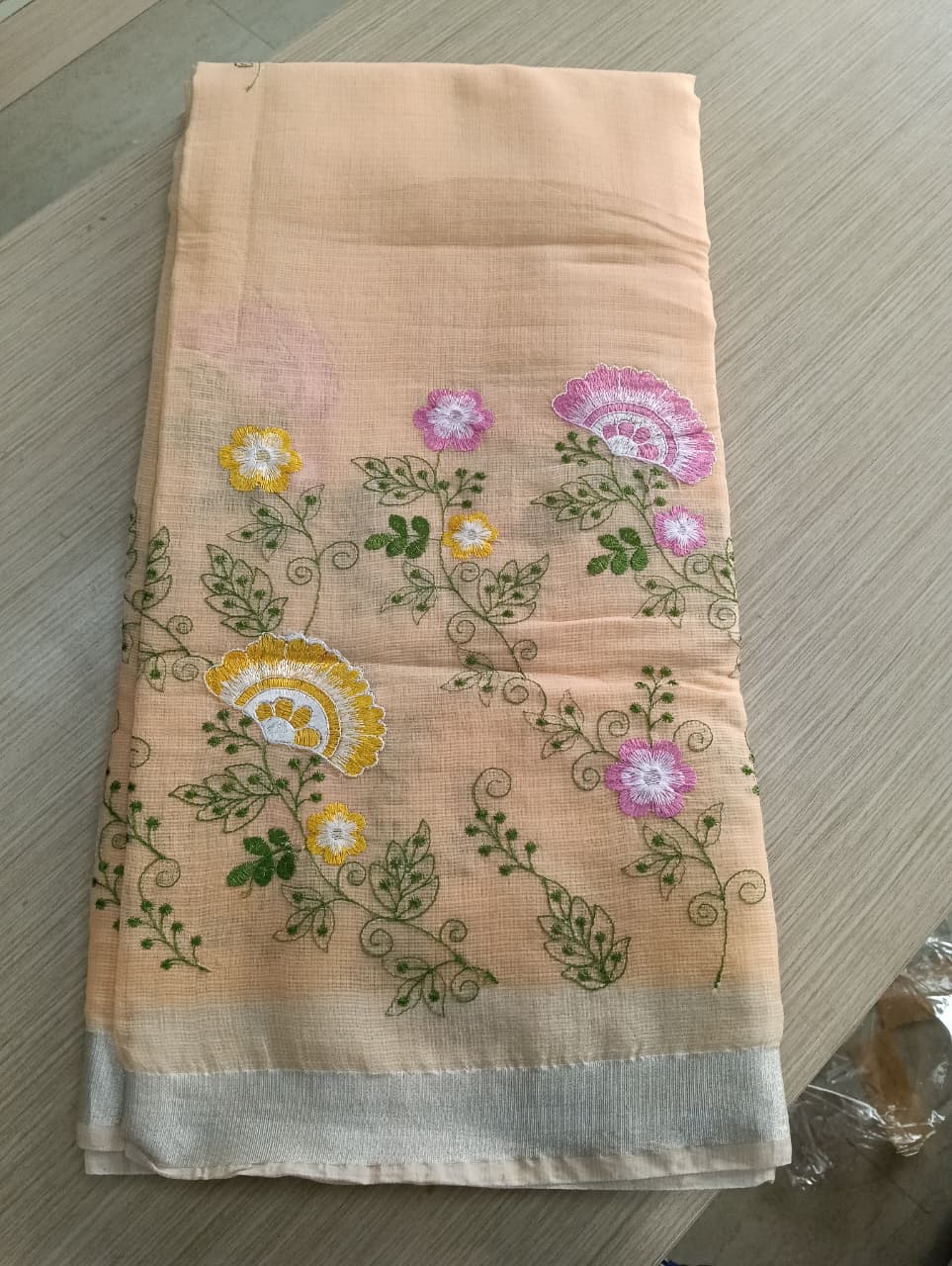 Pastel Orange  Kota Saree with  floral embriodery