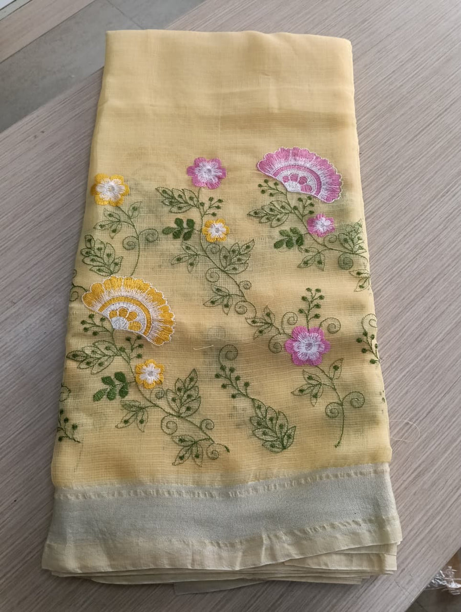 Pastel Yellow  Kota Saree with  floral embriodery
