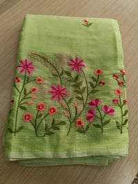 Green Kota Saree with pink floral embroidery