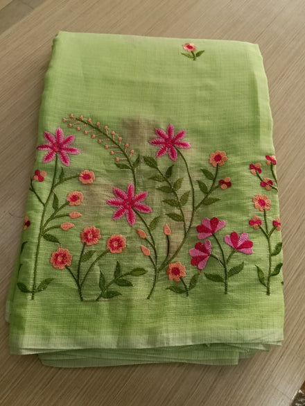 Green Kota Saree with pink floral embroidery