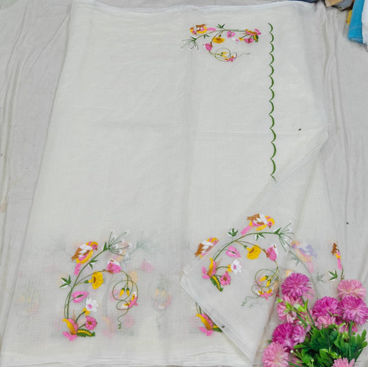 White Kota Saree with bird embriodery