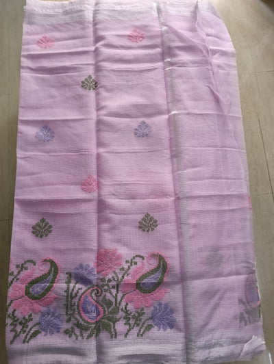 Lavender Kota Saree with embrioded floral motifs