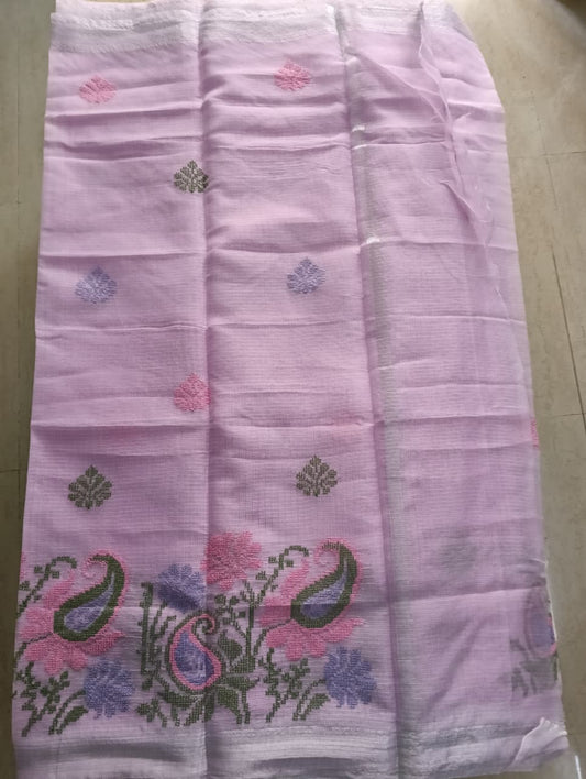 Lavender Kota Saree with embrioded floral motifs