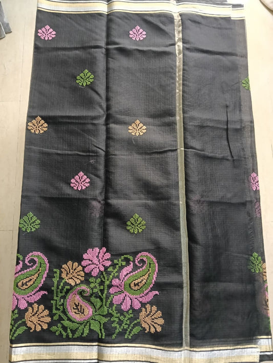 Black Kota Saree with embrioded motifs