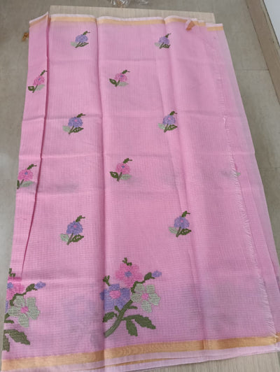 Baby  Pink Kota Saree with embrioded floral motifs