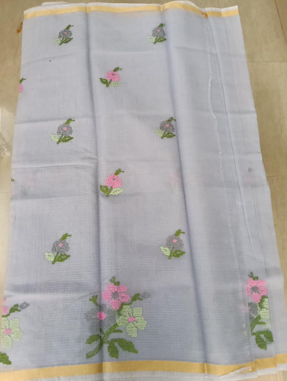 Grey Kota Saree with embrioded floral motifs