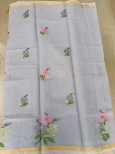 Grey Kota Saree with embrioded floral motifs