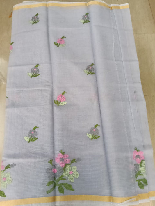 Grey Kota Saree with embrioded floral motifs