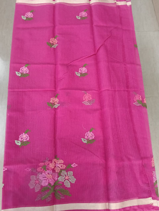 Rani Pink Kota Saree with embrioded floral motifs