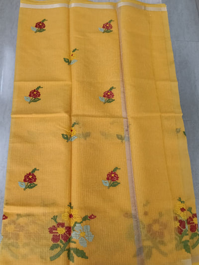 Yellow Kota Saree with embrioded floral motifs