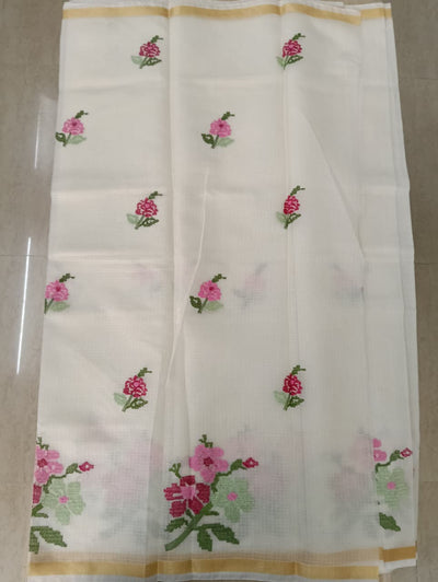 light cream Kota Saree with embrioded floral motifs