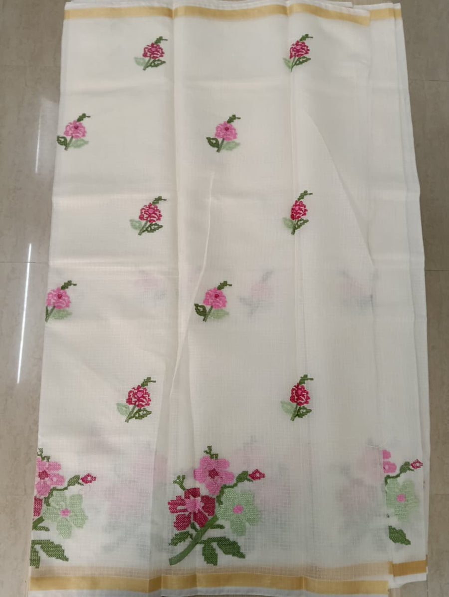 light cream Kota Saree with embrioded floral motifs