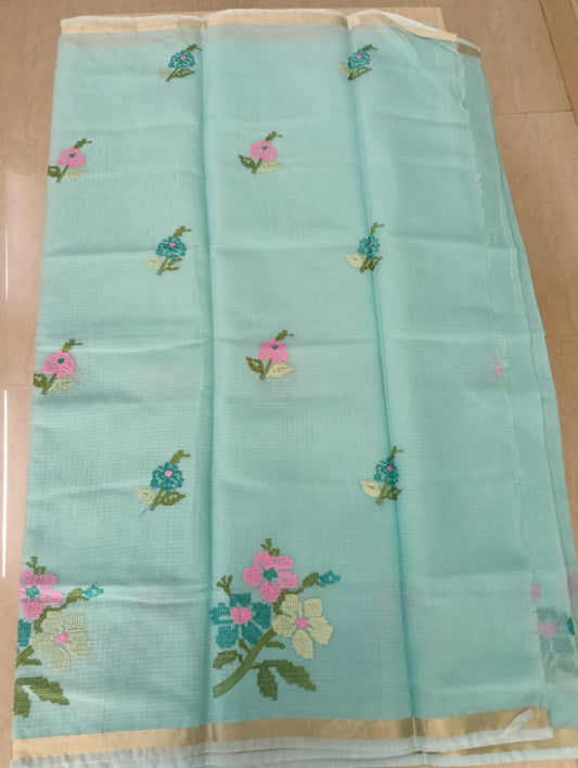 Pastel Green Kota Saree with embrioded floral motifs