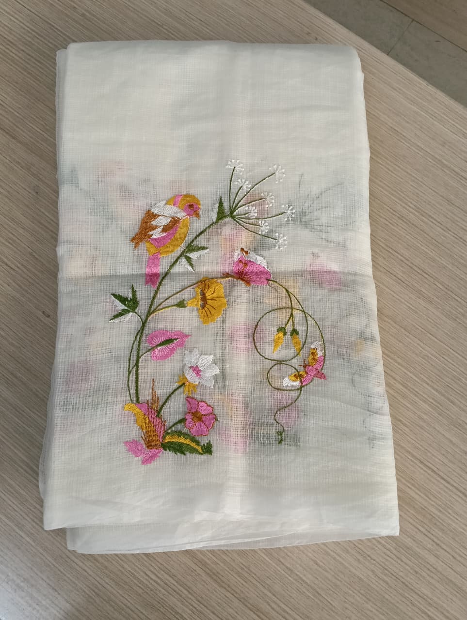 White Kota Saree with bird embriodery