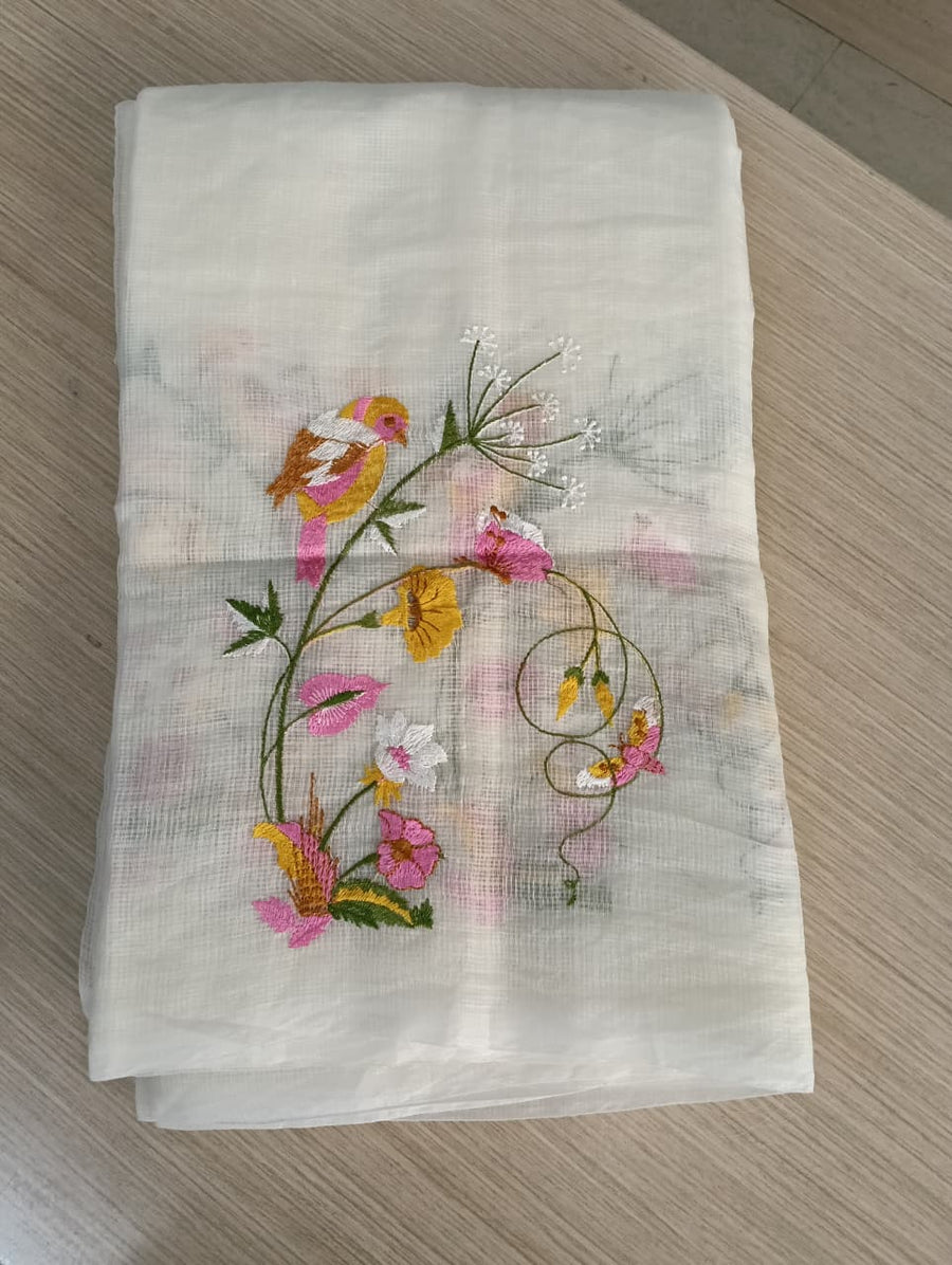 White Kota Saree with bird embriodery