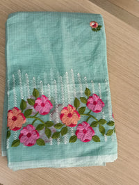 Green Kota Saree with pink and orange  floral embriodery