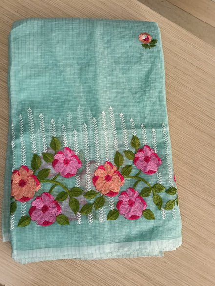 Green Kota Saree with pink and orange  floral embriodery