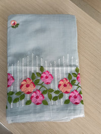 Grey Kota Saree with pink and orange  floral embriodery