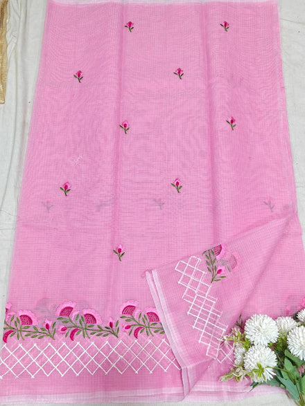 Pink Kota Saree with   pink floral embriodery