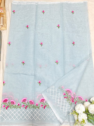 Grey Kota Saree with  pink floral embriodery