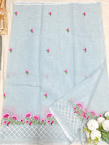Grey Kota Saree with  pink floral embriodery