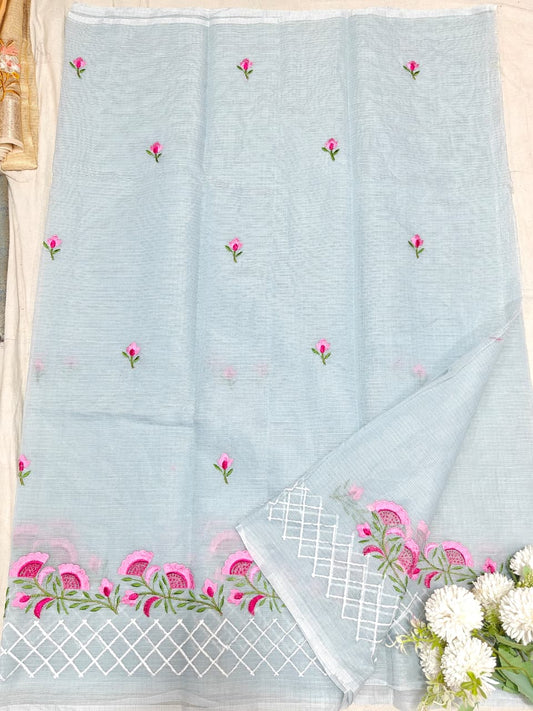 Grey Kota Saree with  pink floral embriodery