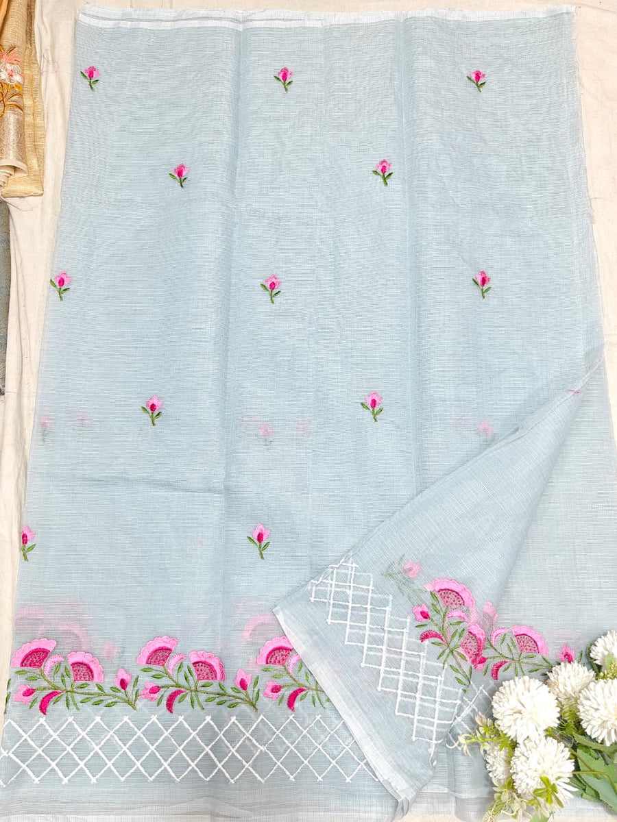 Grey Kota Saree with  pink floral embriodery
