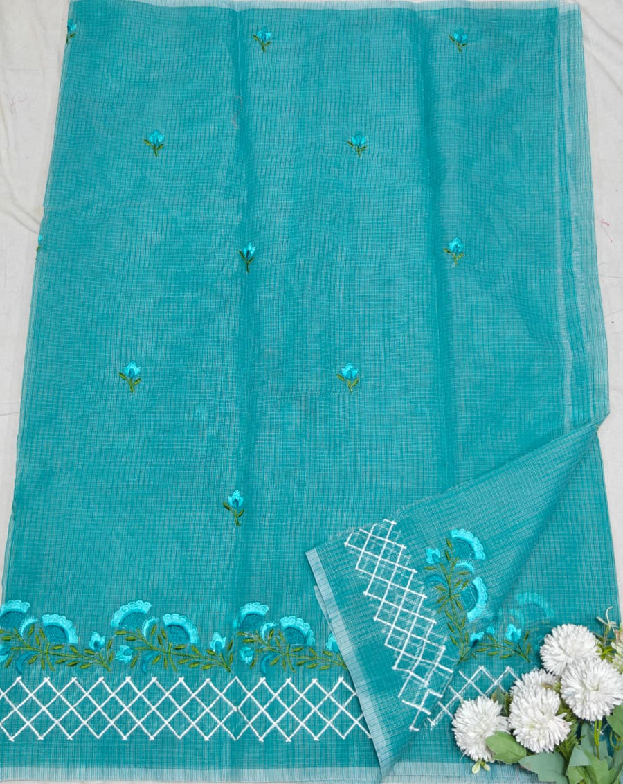 Dark Green  Kota Saree with green floral embroidery