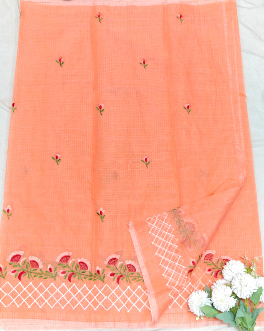 Orange Kota Saree with pink floral embroidery