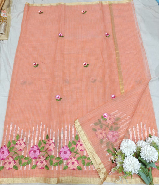 OrangeKota Saree with pink and orange  floral embriodery