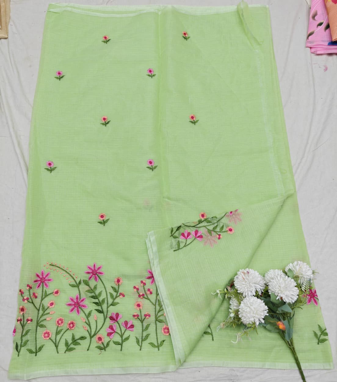 Green Kota Saree with pink floral embroidery