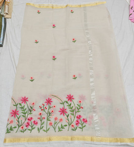 light Cream Kota Saree with pink floral embroidery