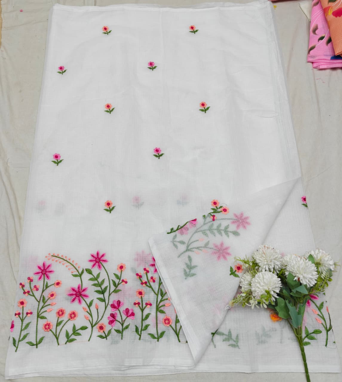 White Kota Saree with pink  floral embriodery