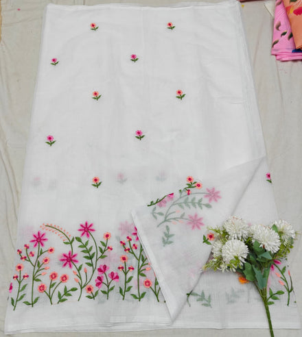 White Kota Saree with pink  floral embriodery