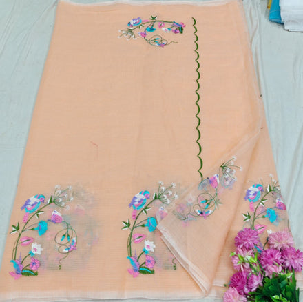 Pastel orange Kota Saree with bird embriodery